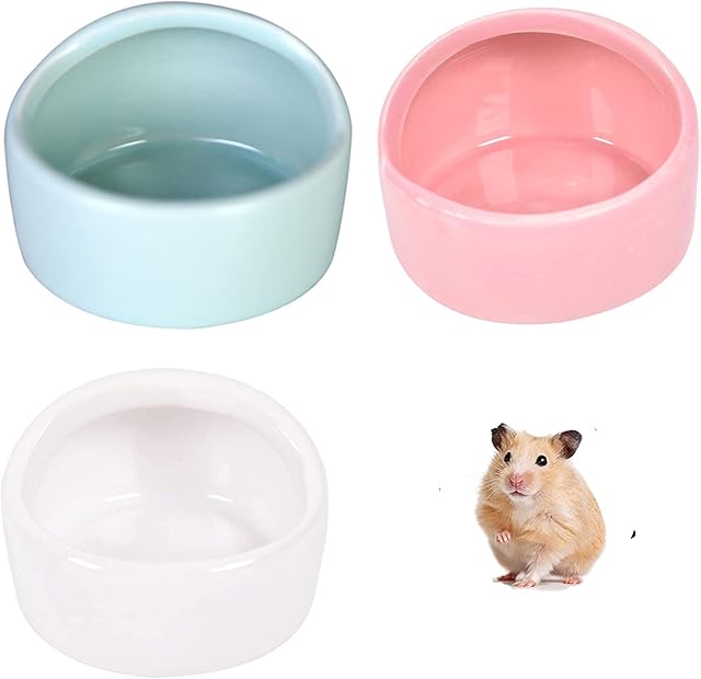 3Pcs Hamster Feeding Bowl Cute Durable Ceramic Feeding Basin Gradient Side Hamster Ceramic Bowl No Spill No Turnover Food Water Dish for Guinea Pig Rodent Gerbil Cavy Small Animals(Blue+Pink+White).