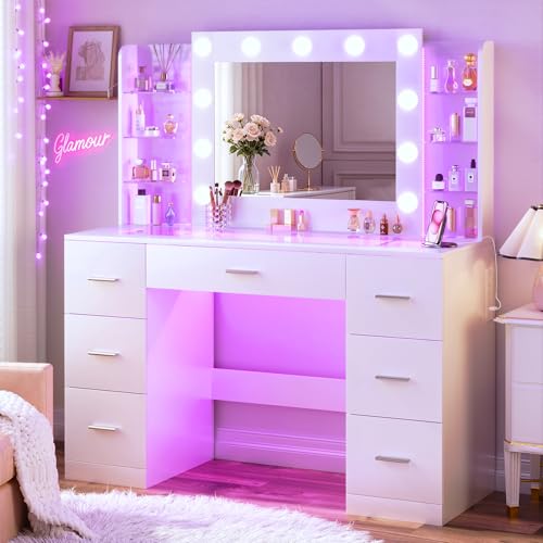 HUAHUU Vanity Desk with Mirror and Hollywood Lights, Makeup Vanity 6 Backlit Open Shelves with Frosted Panel & RGB Light, Transparent Top, Power Outlet, 7 Drawers & Storage Organizer for Bedroom HUAHUU Vanity Desk with Mirror and Hollywood Lights, Makeup Vanity 6 Backlit Open Shelves with Frosted Panel & RGB Light, Transparent Top, Power Outlet, 7 Drawers & Storage Organizer for Bedroom - Image 1