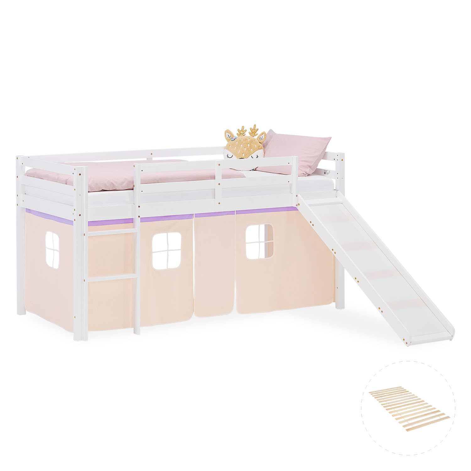 Homestyle4u Hochbett mit Rutsche 90x200 cm - Spielbett Weiß Mädchen Kiefer | Massivholz Kinderbett inkl. Lattenrost & Vorhang Lila-Beige - Leiter & Absturzsicherung - Hochwertiges Kiefernholz
