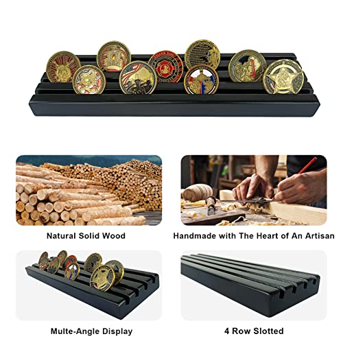 Asmileindeep Military Challenge Coin Display Holder Wood,4 Row Challenge Coin Stand Case Holds 35 Coins,Military Coin Holder Rack For Desk,Challenge Coin Display Holder Collector ,Black Finish #TOP1