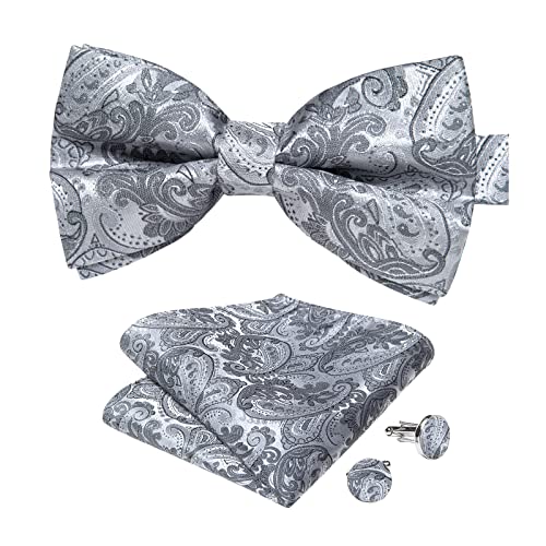 Image of DiBanGu Paisley Pre-Tied Bow Ties for Men Silk Adjustable Bowtie and Pocket Square Cufflinks for Wedding Party