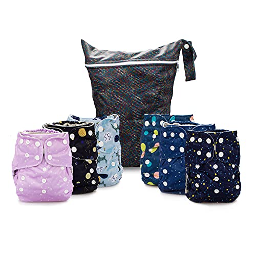 Simple Being Reusable Cloth Diapers, Double Gusset, One Size Adjustable, Washable Soft Absorbent, Waterproof Cover, Eco-Friendly Unisex Baby Girl Boy, six 4-Layers Microfiber Inserts (Constellations)