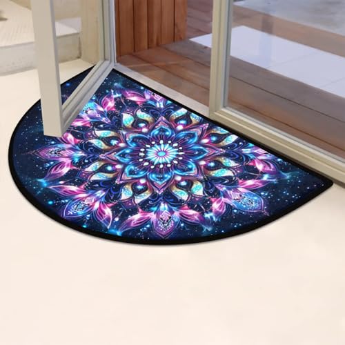 Image of Half Round Doormat Flowers Ethnic Mandala Purple Non Slip Half Circle Area Rugs Indoor Washable Half Moon Rug Semi Circle Bathroom Runner Mat Entrance Floor Carpet for Kithen Bedroom Fireplace Decor