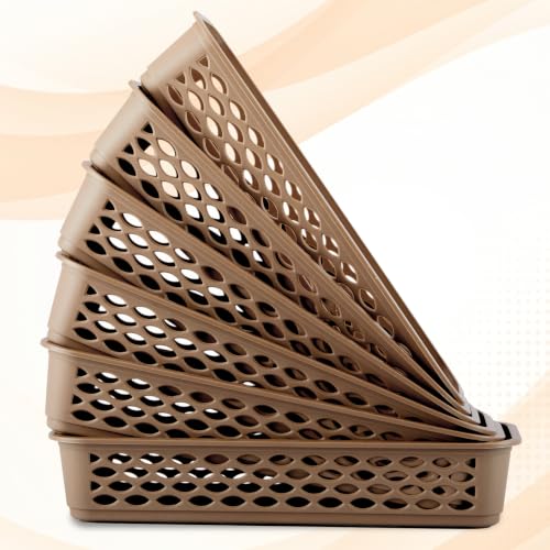 Image of RATAN PLASTICWARE Diana Tray Rectangular-Narrow (Pack of 6) Plastic Storage for Desk Basket /Organizers for Stationery, Jewellery, Tools,Kitchen, Office-Lt Brown