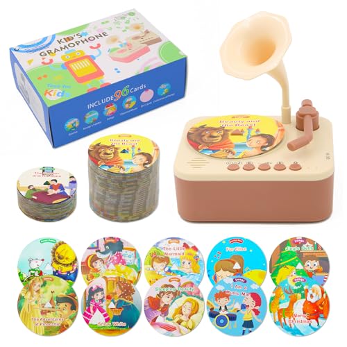 Ghousetec Kids Gramophone with 96 Learning Cards Kids Record Player Storytelling Machine and Toddler Music Player for Early Education Phonograph Toy for Kids Ages 3+