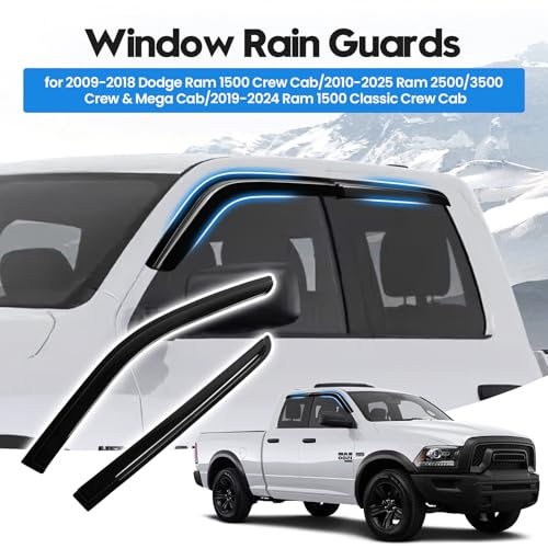 Image of Rain Guards for Dodge Ram 1500 Crew Cab 2009-2018, 2010-2025 Ram 2500 & 3500 Crew & Mega Cab, Out-Channel Side Window Rain Guards for Ram 1500 Classic Crew Cab 2019-2024, 4PCS, Black