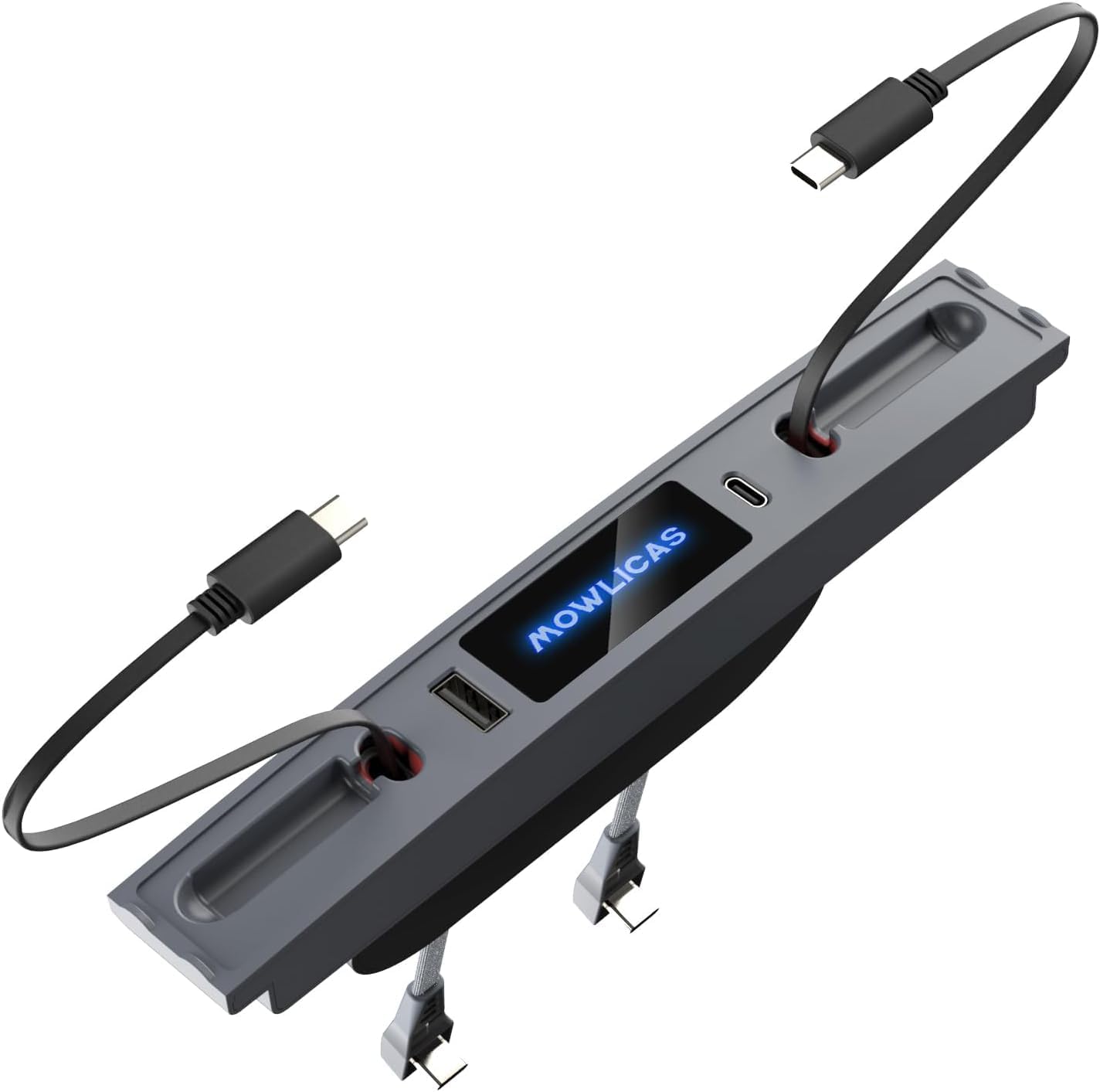 Silver Gray USB Hub for Tesla Owners, 2 USB C Retractable Fast Charging Cables for iPhone 15, is Necessary Tesla Tesla Model 3/Y Accessories (2024-2021) but not Highland or Juniper Compatible