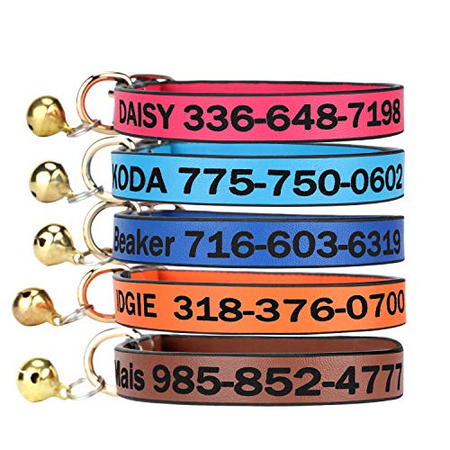 Leather Cat Collar,Custom-Personalized Cat ID Collar Engraved with Name and Number with Bell, Size Adjustable for Girl Boy Cats Kitten