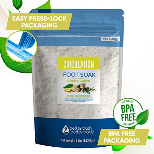 Circulation Foot Soak 128 Ounces Epsom Salt with Natural Ginger, Cypress, Eucalyptus, and Lavender Essential Oils Plus Vitamin C in BPA Free Pouch with Easy Press-Lock Seal
