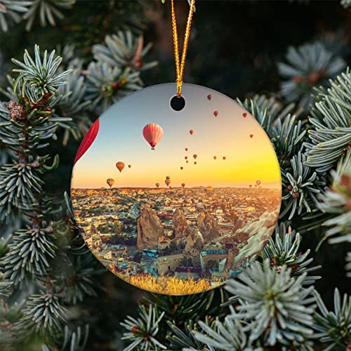 Christmas Ornament Hot Air Balloons Flying Over Spectacular Cappadocia Xmas Tree Hanging Keepsake, Double Sided Porcelain/Ceramic Ornament, Gift For Friends/Tour Pal, 3 Inches, Made In The Usa #TOP4
