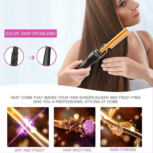 Plancha para el Cabello Licavey con Peine Integrado, 2 en 1, Calentamiento Rápido para Uso en Cabello Seco y Mojado, Temperatura Ajustable, Reduce el Tiempo de Estilizado, Dorado (Enchufe EE.UU. 100 a 240 V) miniatura 2