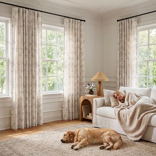 Image of THREE GIRLS Black Floral Beige Linen Curtains 95 Inches Long, Light Filtering Vintage Farmhouse Drapes, Back Tab Rod Pocket Window Treatments 2 Panels for Living Room Bedroom
