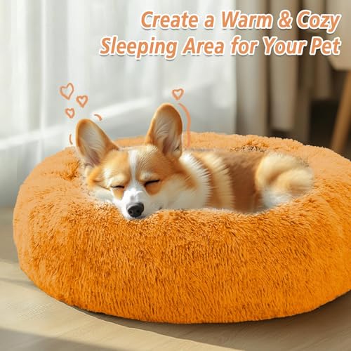 Image of JOLLYVOGUE Calming Dog Bed Medium Size Dog, Anti-Anxiety Donut Medium Pet Bed, 27 inches Fluffy Faux Fur Round Cat Bed (Orange)