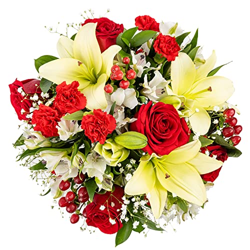 Delivery By Monday, March 13Th,Arabella Bouquets Fresh Cut Modern Love Flowers With Vase, Red, White And Green #TOP1