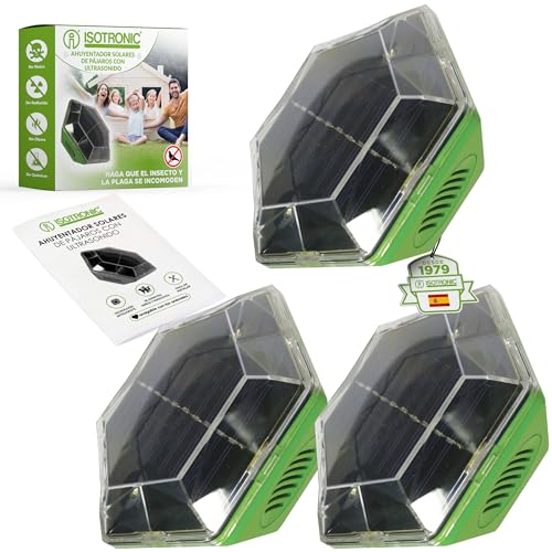 ISOTRONIC Repelente Solar para Aves — Pack de 3 (Flash y Ultrasonido) — Alcance 150 m² — Palomas, Gaviotas y Cuervos