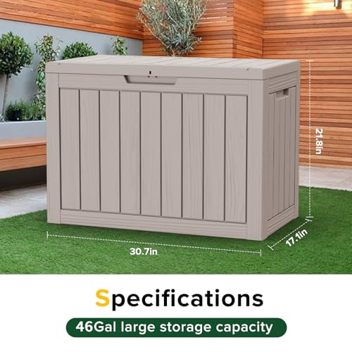 Image of 46 Gallon Outdoor Deck Box,Storage Lockable Waterproof Patio Furniture,Garden Tools,Cushions,Pool Accessories Outside Storage Resin Box(Light Brown)