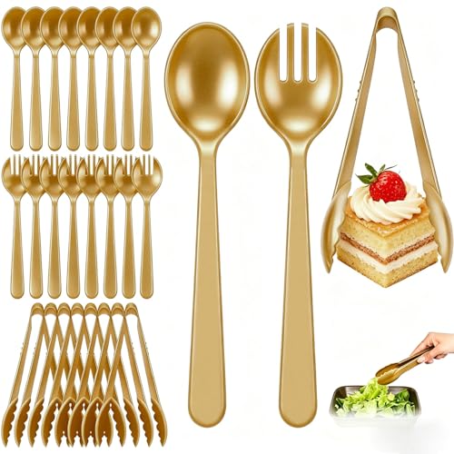 24 Pcs Gold Plastic Serving Utensils Set - Heavy Duty Disposable Serving Spoons Forks & Tongs (8 of Each) - BPA-Free Catering Supplies for Buffets Parties Weddings & Events