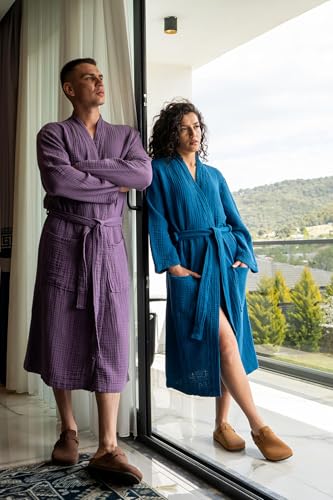 Image of Muslin Unisex Bathrobe Women & Men, 100% Cotton Kimono Lightweight Robe | Long Robes Soft, Absorbent, Spa robes