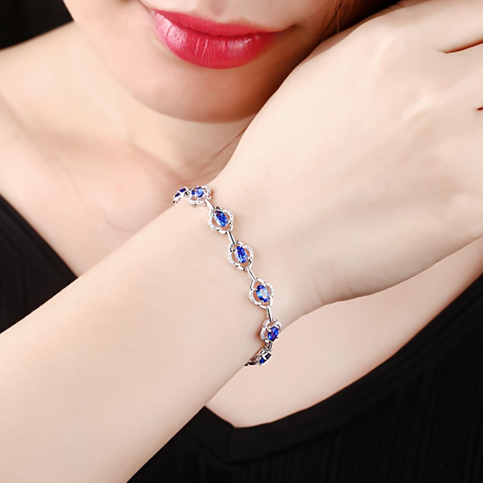 Pulseras Mujer de Oro Blanco 9K / 14K / 18K, Hueco y Oval con Zafiro y Diamante, Cadena Extensible 16 CM + 5 CM, Pulseras de Ajustable Mujer de Plata Azul