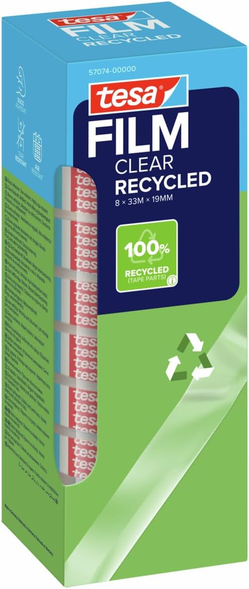 tesafilm Eco and Clear ecoLogo Environmentally Friendly Clear Adhesive Tape, 19 mm x 33 m - Pack of 8 Rolls