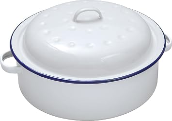 Falcon Enamel Round Roaster Dish 20cm x 8.5cm Traditional Oven Safe White Baking Serving Cookware with Blue Rim Casserole Pan Durable Heavy-Gauge Steel Enamelware for Roasting White - 1 Pack