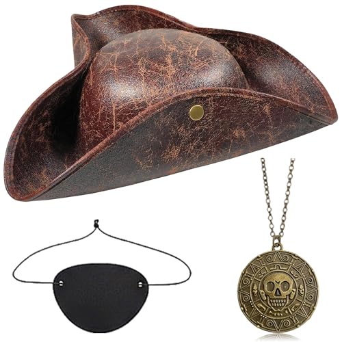 Xietaea 3 Stück Pirate Accessories Herren Damen - Piraten Zubehör mit Hut Augenklappe und Halskette Pirat Verkleidung für Karneval Fasching Halloween Cosplay Party Mottoparty