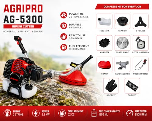 Image of AGRIPRO AG-5300 52CC Petrol Brush Cutter | Includes 40T Blade, 3T Blade, Tap & Go Head, Harness Belt & Tool Kit | Grass, Weed & Crop Cutting