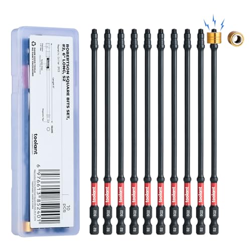 Image of toolant Square Drive Bit Set, Square Impact Driver bits S2 Steel, Robertson Driver Bits Magnetic CNC Tips, Square 2 Impact Bit 1 /4 inch Hex-Shank with Storage Box, 10pcs SQ2 6 inch Long