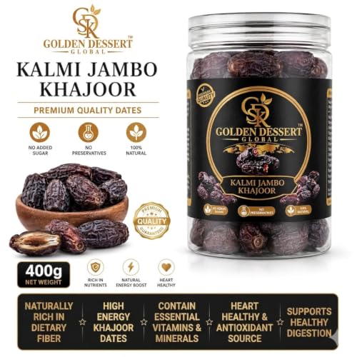 Image of Golden Dessert Global Kalmi(Safawi) Jumbo Khajoor Premium Dates | Natural Kalmi Dates Dry Fruit | Soft & Naturally Sweet Arabian Dates | Rich in Nutrition | Fresh & Hygienically Packed | Healthy Energy Snack | No Added Sugar | Natural & Vegetarian (Pack of 2)