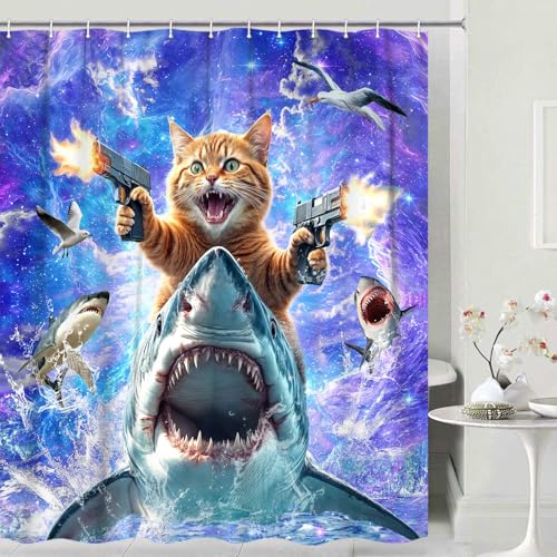 Image of Funny Cat Shower Curtain for Kids, Cute Kitten Riding Shark Ocean Theme Hilarious Cool Fun Grey Purple Wave Animal Nautical Whale Boys Bathroom Sets Decor Fabric Polyester Waterproof 12 Pack Hooks