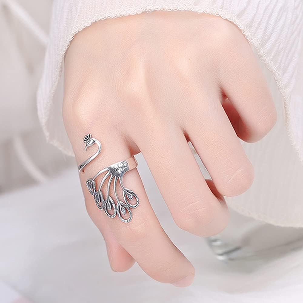 NewZenro Peacock Statement Wrap Open Rings for Women Dainty 925 Sterling Silver Adjustable Delicate Flower Animal Vintage Ring Jewelry Gifts Bff Birthday - Image 5