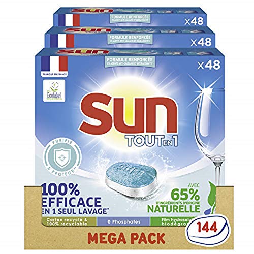 Sun Tablettes Lave-Vaisselle x144 Tout en 1, Purifie et Protège, Ecolabel, Efficace en 1 seul lavage, Fabriqué en France, 144 Lavages (Lot de 3x48 lavages)