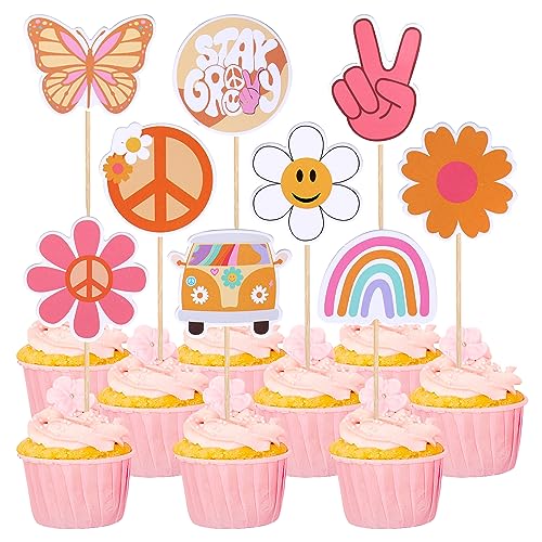Image of 36 PCS Hippie Party Cupcake Toppers Peace Sign Hand Butterfly Two Groovy Cupcake Picks Dasiy Flower 60s Retro Boho Cake Decorations for Hippie Two Groovy Carnival Theme 2nd Birthday Party Supplies