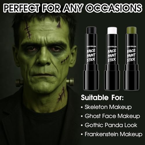 Image of BADCOLOR 3PCS Black White Orge Green Face Body Paint Stick Makeup for Frankenstein /Witch /Grinch /Hulk /Alien /Demon /Evil Clown SFX Cosplay & Dress Up, Full-Coverage Halloween Facepaint Makeup Kit