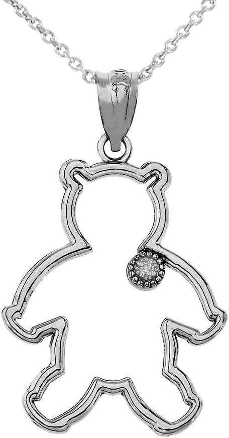 Claddagh Gold .925 Sterling Silver White Cubic Zirconia Accented 1-1/5" Outline Lovely Teddy Bear Pendant Necklace - Choice of Pendant Only or Chain Length