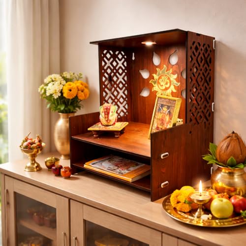 Image of Zesta Wooden Mandir for Home Big Size | DIY Pooja Mandir with LED Spot Light | Devghar Cabinet for Living Room or Office | Wall Mounted Pooja Unit for Home (Brown Big)