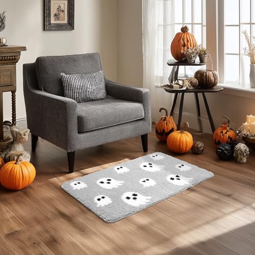 Gray Halloween Bath Mat – Cute Ghost Decor Mat Non-Slip Light Gray Bathroom Rug Soft Spooky Bath Rug for Shower, Bedroom, Living Room