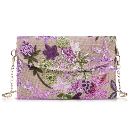 Image of Clutch Purses for Women, Envelope Package, Sequin Embroidered Flowers Straw Bag, Bohemian Handmade Handbags