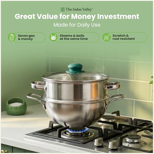 Image of The Indus Valley Triply Stainless Steel Cookware Set of 3 | 20cm Triply Deep Kadai (2.2L) and Stainess Steel Steamer with Common Glass Lid | Induction Base | Multipurpose Cooking - Steam, Fry, Boil & Cook | Perfect for Momos, Dum & Curries