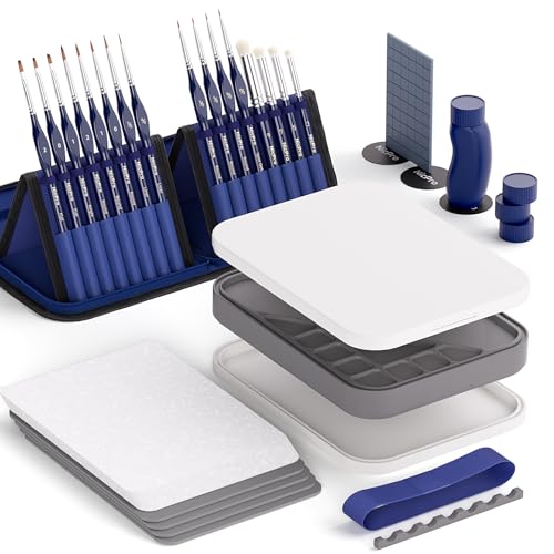 Image of Nicpro Professional Miniature Painting Kit, with Wet Palette, Miniature Painting Handle, 16PCS Detail Paint Brushes Drybrush with Nylon Bag, Pallet Paper, Sponge, Brush Holder Mixing Paint Palette
