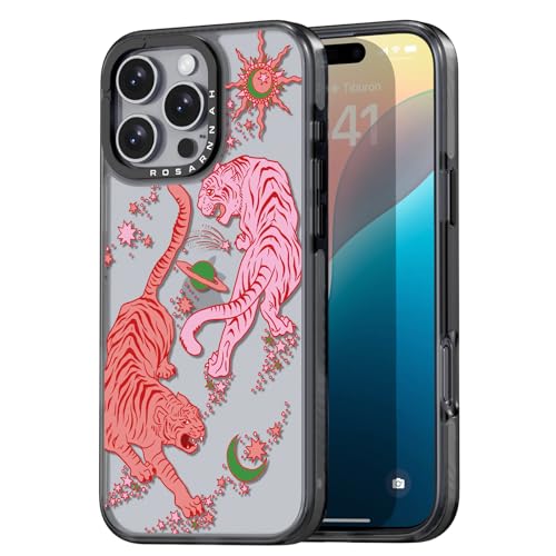 Coque iPhone 16 Pro Rosarnnah antichoc noire avec motif tigre amusant pour mobile 6,3 pouces