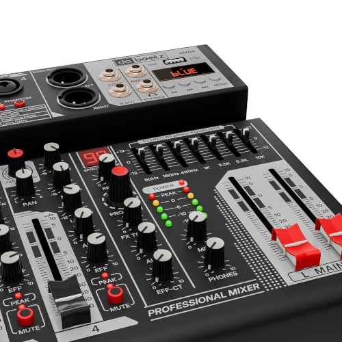 Image of Dabeatz MX04 4-Channel Audio Mixer with XLR /6.35mm Combo Inputs, Bluetooth & USB Playback, 99 DSP Effects, 7-Band EQ, Recording & 48V Phantom Power for DJ, Karaoke & Live Sound