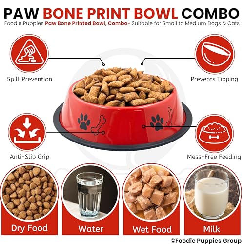 Image of Foodie Puppies Stainless Steel Dog Bowl Combo - (Medium, 700ml) Food and Water Feeding Gift Bowl | Suitable for Dogs, Cats and Other Pets I Paw Bone Print, Anti-Skid Rubber Base (Red + Orange)