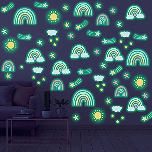 Glow in The Dark Rainbow Wall Stickers Watercolor Star Rainbow Wall Decor Glowing Sun Cloud Wall Decals Rainbow Peel and Stick Wall Mural for Kids Girls Boys Bedroom Birthday Wall Art Decorations