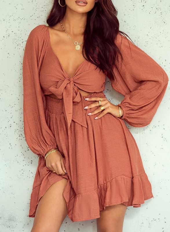 Dokotoo Womens Dress Long Lantern Sleeve Square Neck Tie Backless Sexy Dress Ruffle Elastic Waist A-Line Mini Dress - Image 2