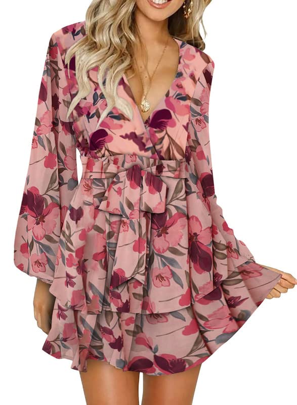 DokotooWomens 2024 Summer Spring V Neck Ruffle Chiffon Elegant Tie Knot Mini Short Swing Skater Dresses