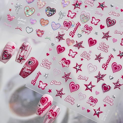 Image of 5D Embossed Pink Star Nail Stickers - Y2K Design Self-Adhesive Heart Nail Decals, DIY Cool Manicure Decoration Accessories for Women (1 Sheet)