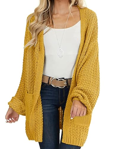 MEROKEETY Women's 2025 Fall Open Front Chunky Knit Sweater Oversized Lantern Sleeve Cardigan Outwear, Mustard, Large