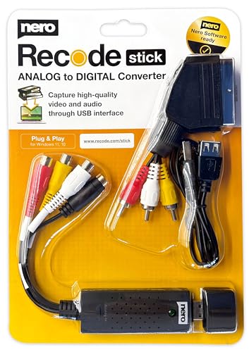 Nero Recode Stick | Convertisseur VHS USB | Numériser Cassettes Vidéo | VHS vers PC | Adaptateur Analogique vers Numérique | S-VHS | Hi8 | Super 8 | Windows 10/11 |...