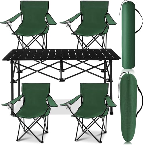 Burbell 5 Pcs Summer Portable Camping Chair and Folding Camping Table Set Outdoor Folding Chair Lawn Portable Table with Cup Holder Carry Bag for Travel Fishing Sport(Army Green)